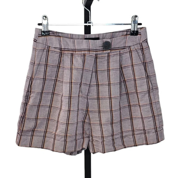 Frank & Oak Womens Plaid Linen Blend Button Front Shorts Size 0 Purple High Rise - Picture 1 of 8